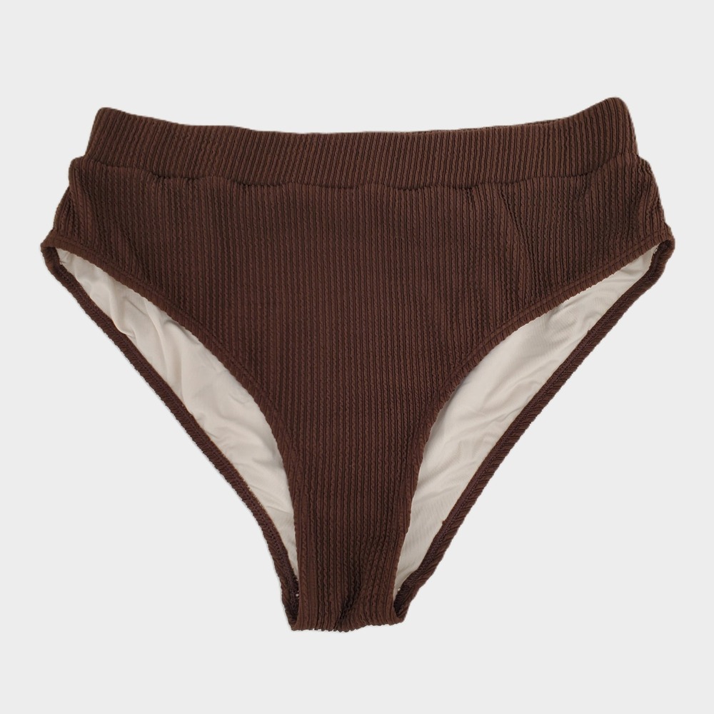 Cupshe Ribbed High Waist Bikini Swim Bottom Large Brown Textured Lined Stretch